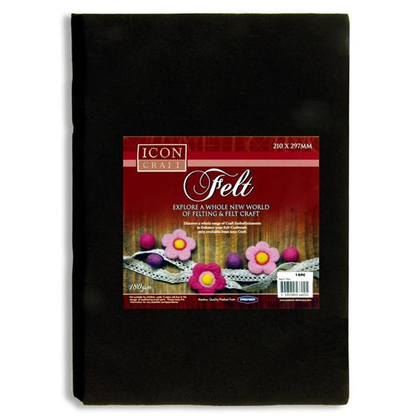 Pack of 10 A4 Black Felt Sheets by Icon Craft