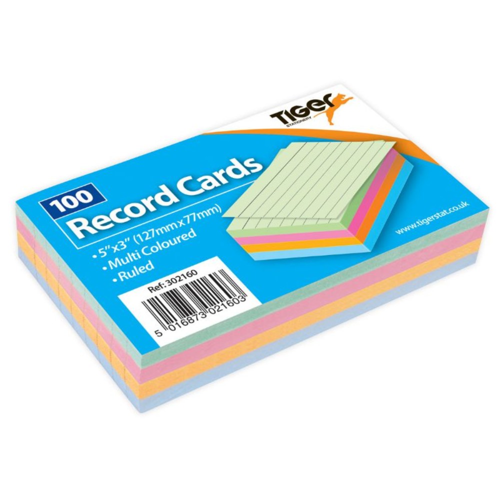 Pack of 100 Sheet of Multicoloured Ruled Record Cards 5" x 3"