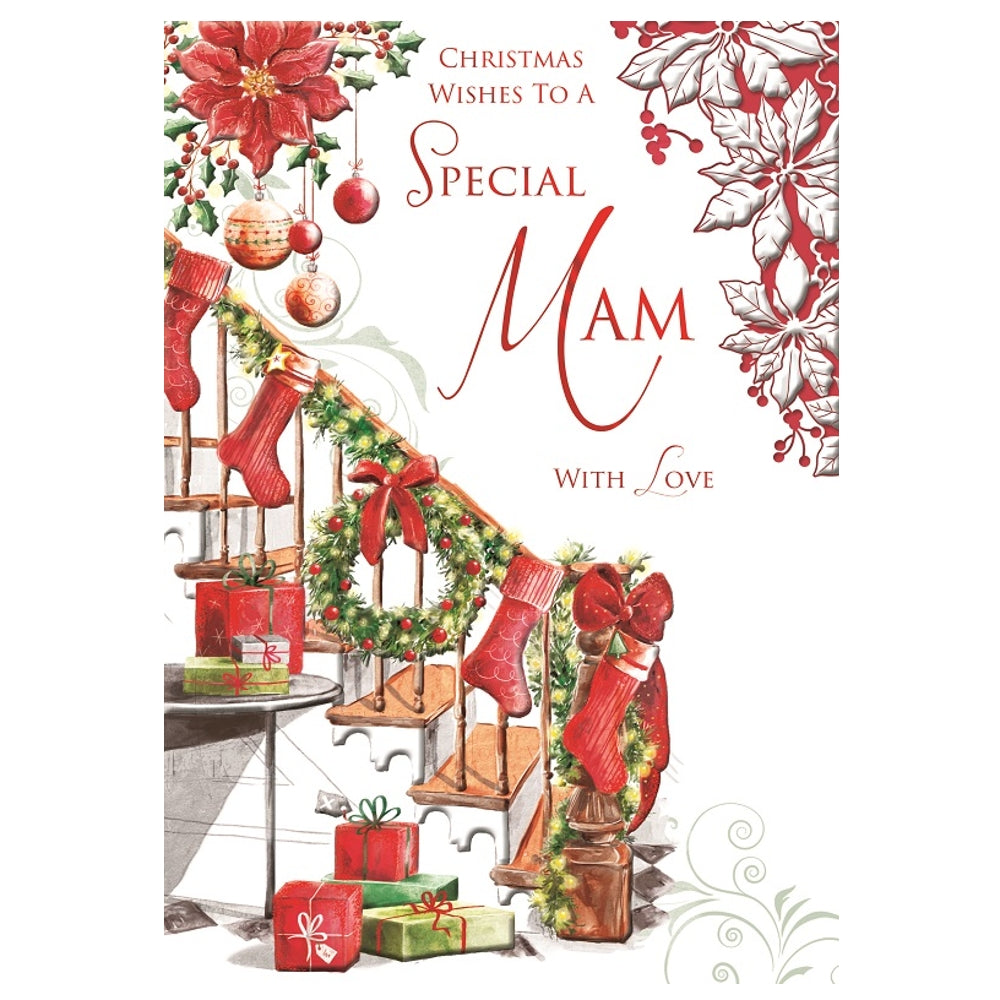 With Love To a Special Mam Stockings and Wreath Design Christmas Card