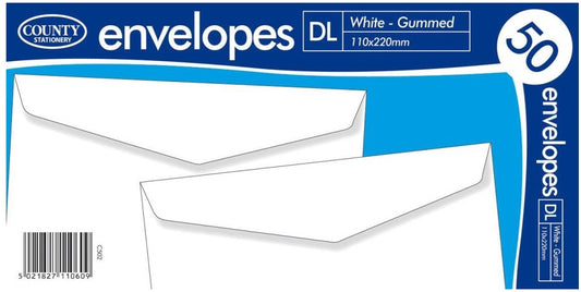 Pack of 50 DL White Gummed Envelopes