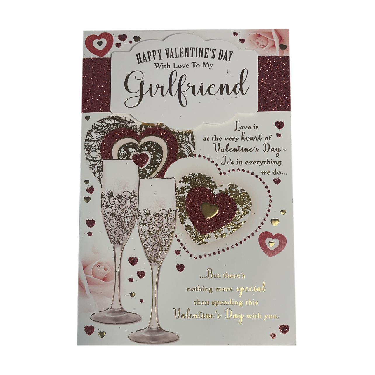 Happy Valentine's Day With Love To My Girlfriend Champagne Glasses And Hearts Design Card