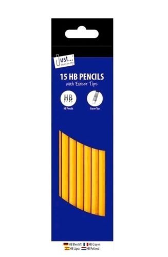 Just Stationery HB Pencil with Eraser Top (Pack of 15)