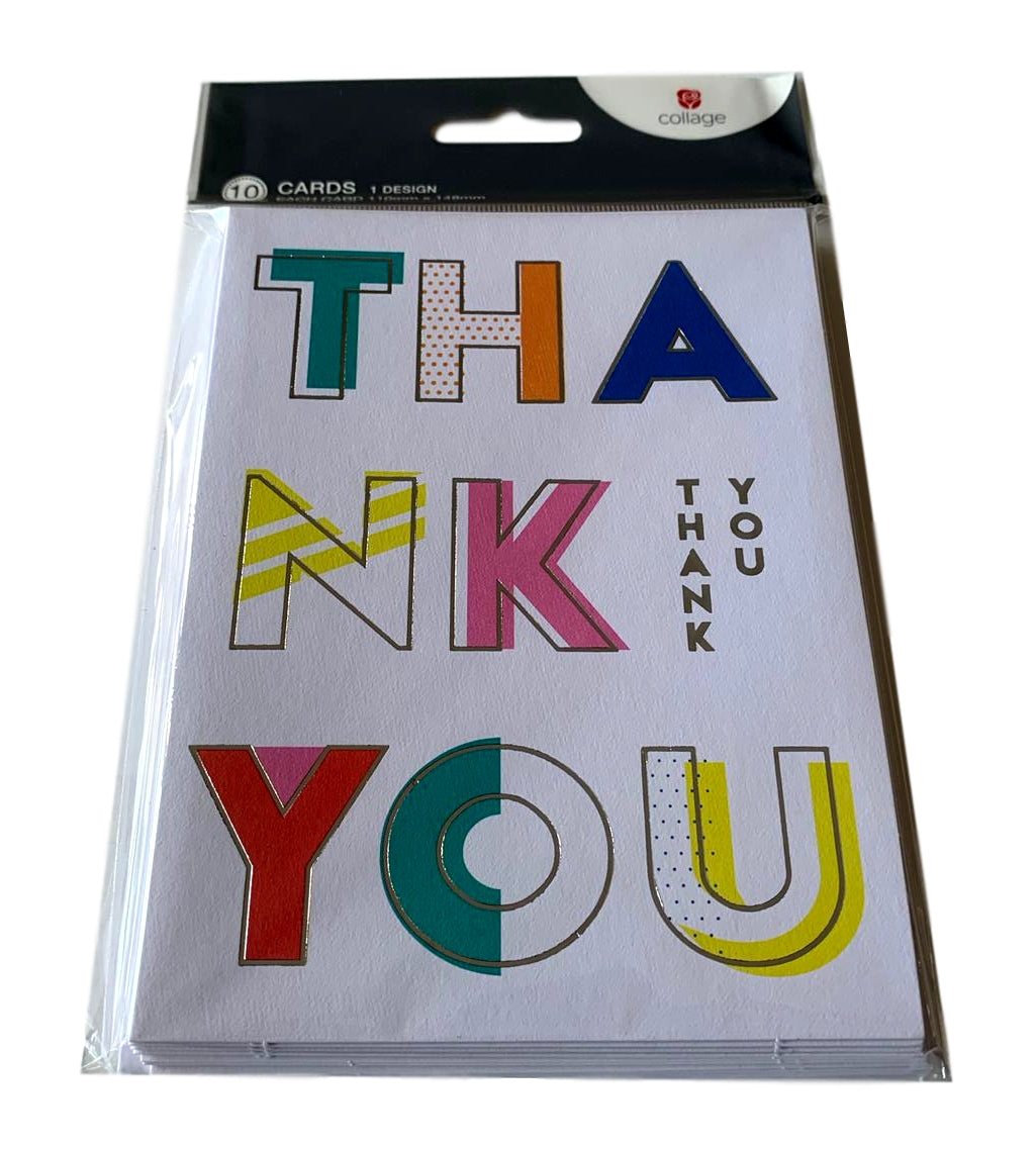 Pack of 10 Mutli Coloured Thank You Cards with Silver Foil Finish