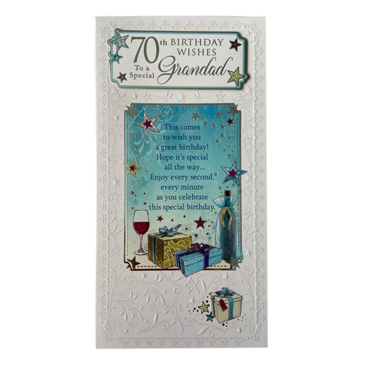 70th Birthday Wishes To A Special Grandad Birthday Card Wine Presents 3D Foil Detail