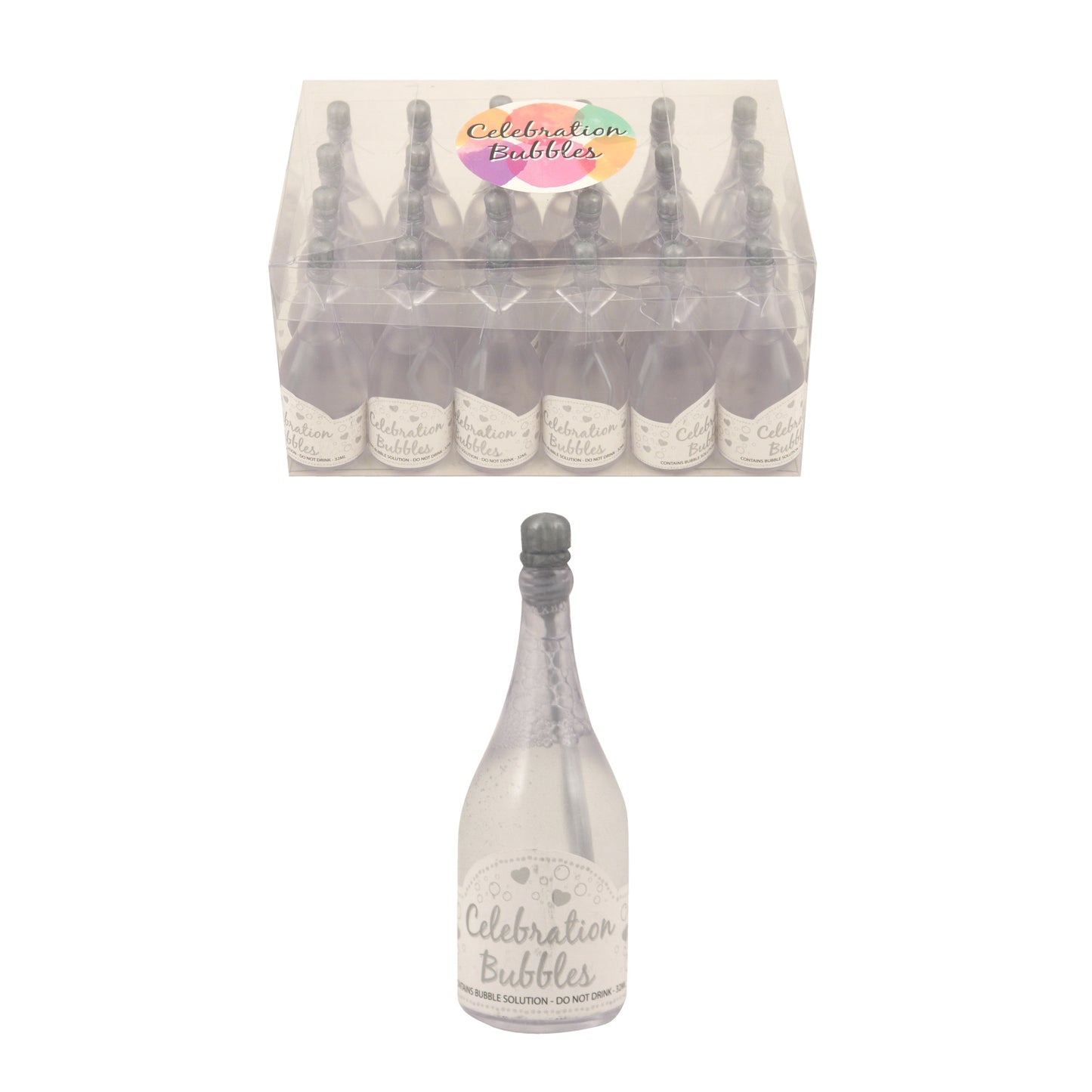 Pack of 24 Clear Bottle Bubbles with Silver Wand