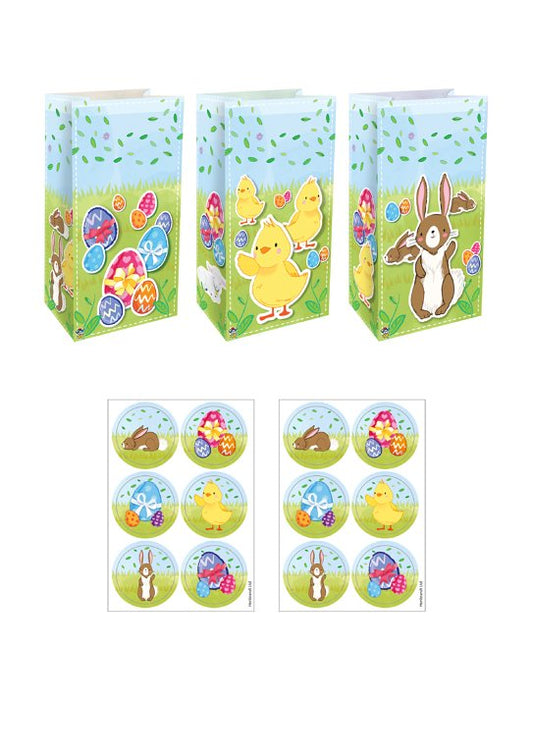 Pack of 12 Easter Paper Party Gift Bags with Stickers