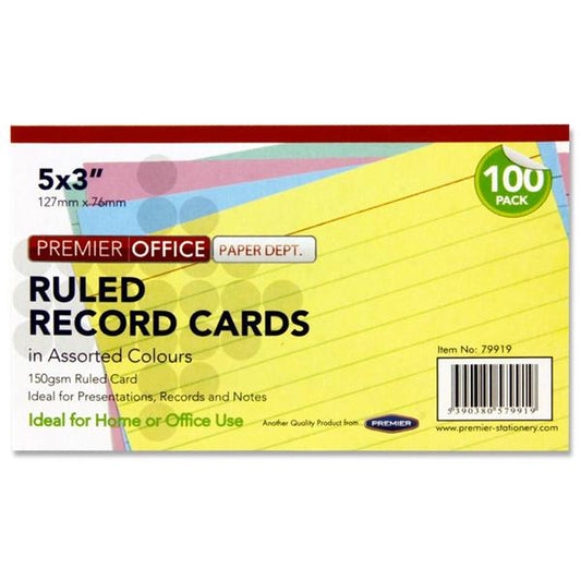 Pack of 100 5"x3" Ruled Assorted Coloured Record Cards by Premier