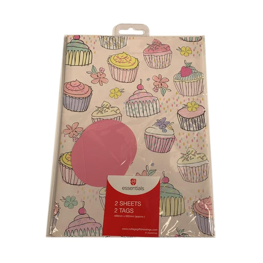 Cupcake Design Gift Wrap 2 sheets 2 Tags