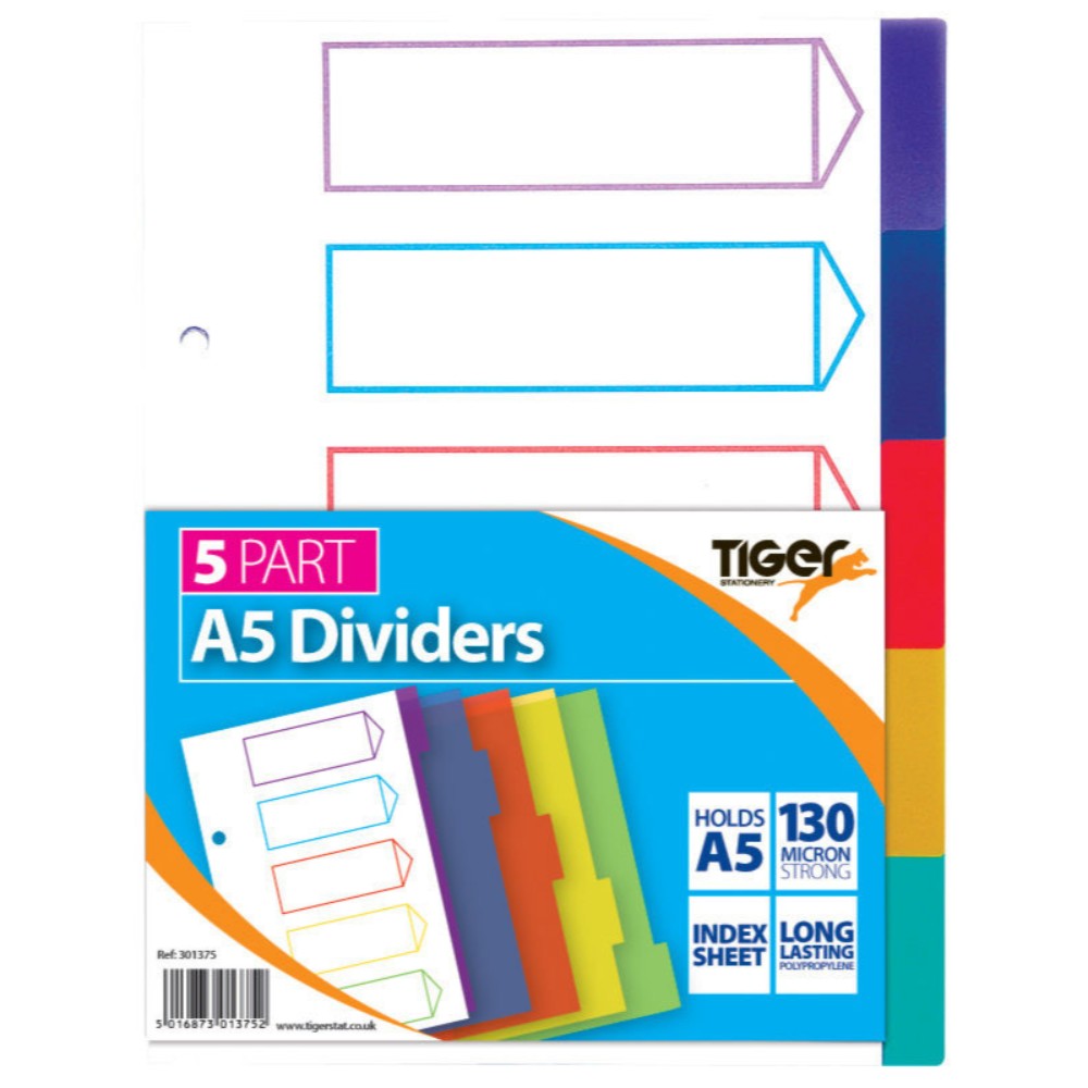 A5 5 Part Polypropylene Dividers