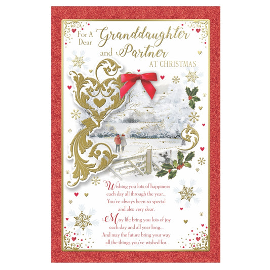 For a Dear Granddaughter and Partner Couple Walking in Winter Wonderland Design Christmas Card