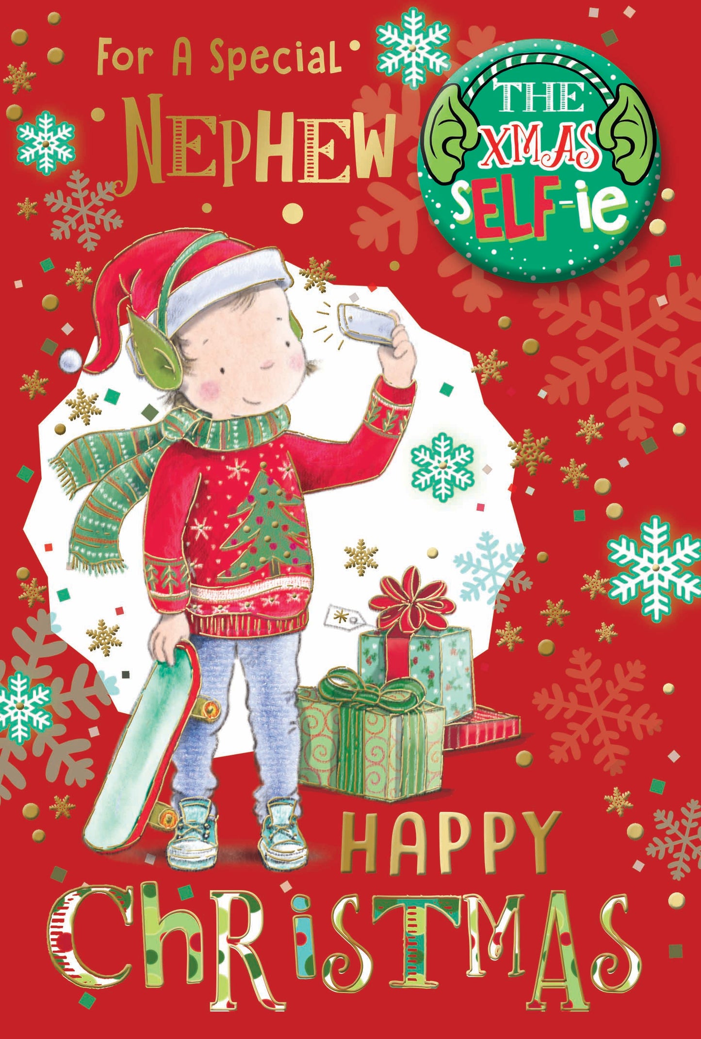 For a Special Nephew Selfie Design Christmas Card with Badge