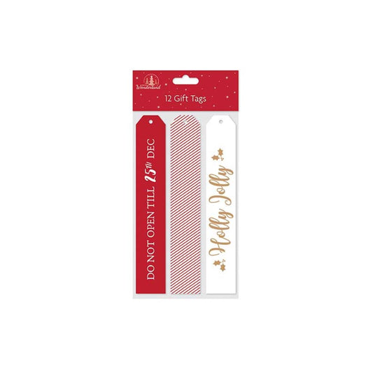 12 Traditional Long Luggage Glitter and Foil Text Gift Tags