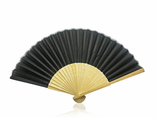 Black Fabric Hand Held Bamboo and Wooden Fan