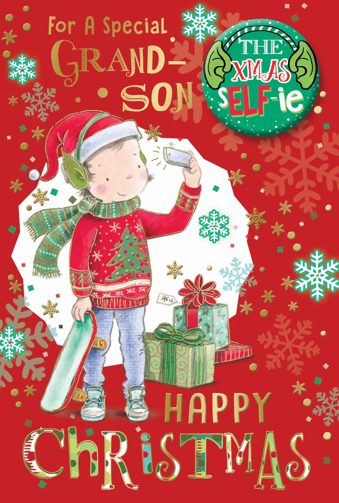 For a Special Grandson Selfie Design Christmas Card with Badge