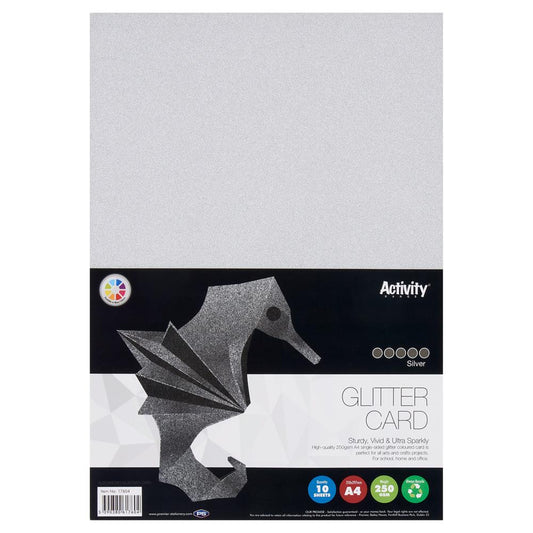 Pack of 10 A4 250gsm Silver Glitter Card Sheets by Premier Activity