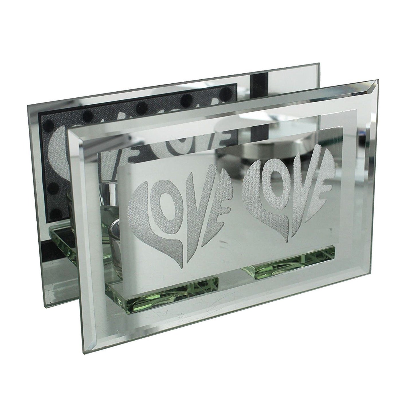 Love Inside Hearts Design Silver Glass Mirror Double Tealight Candle Holder