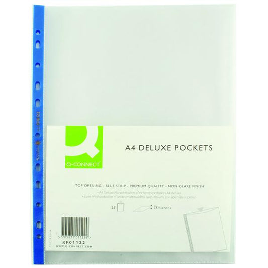 Pack of 25 Top Opening Blue Strip A4 Clear Delux Punched Pockets