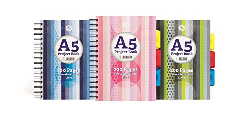 Silvine A5 project book 200 pages with 3 part dividers lined spiral book