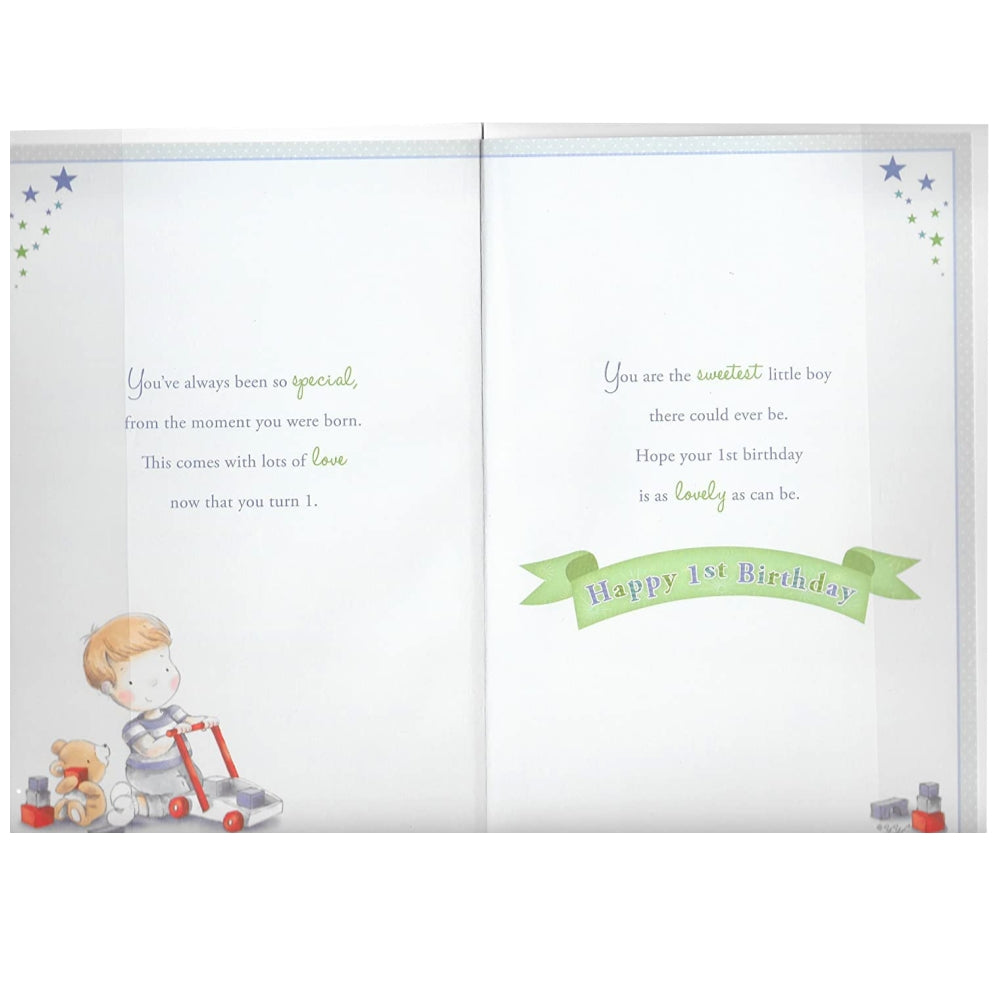 Today You're 1 Little Boy and Bear Playing With Toy Design Son Candy Club Birthday Card