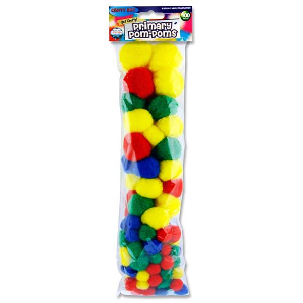 Pack of 100 Assorted Sizes Primary Pom Poms by Crafty Bitz