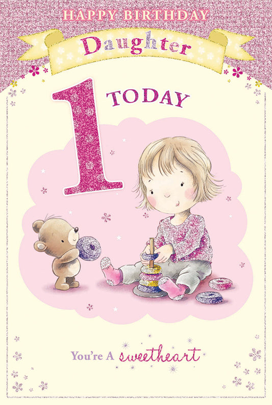 Today You're 1 Little Girl and Bear Playing With Toy Design Daughter Candy Club Birthday Card