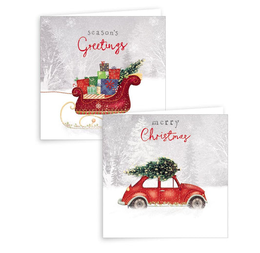 Pack of 10 Car and Sleigh Design Square Christmas Greeting Card