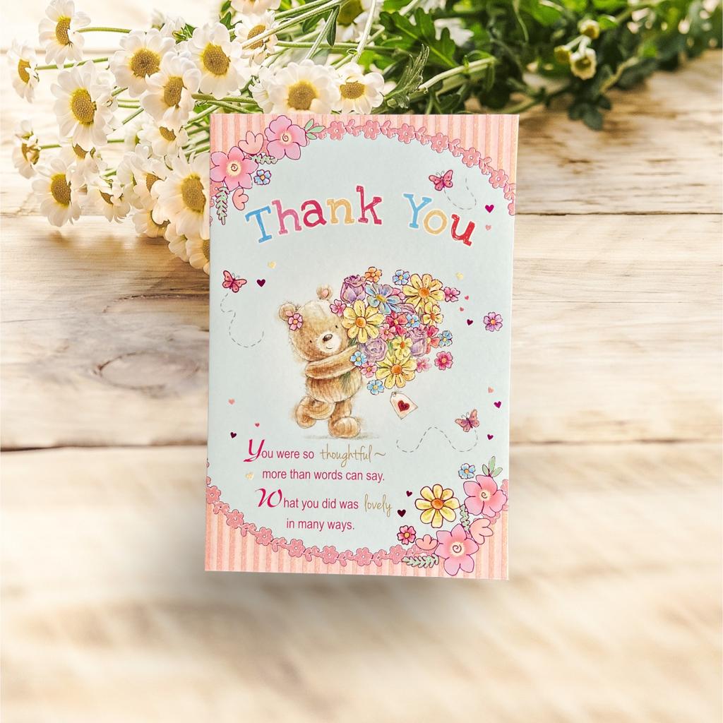 Teddy With Bunch Of Flower Thank You Greeting Card