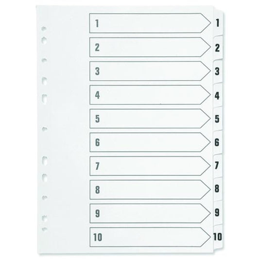 A4 White 1-10 Multi-Punched Reinforced Board Clear Tab Index