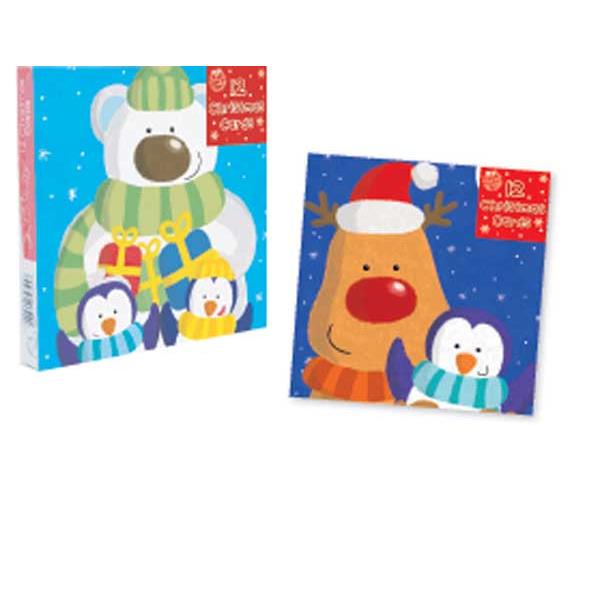 12 Square Christmas Cards Polar Bear, Penguin and Reindeer Design