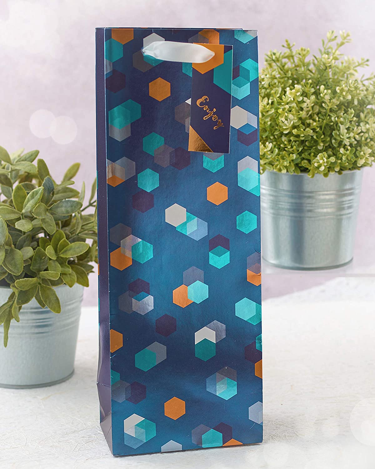 Blue Geometric Patterned Bottle Size Gift Bag