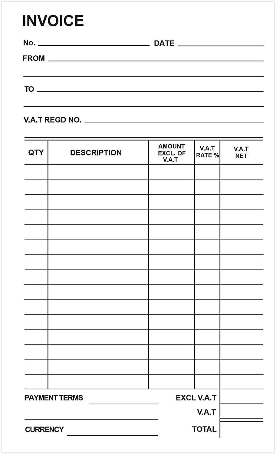 Carbonless Duplicate Multiple VAT Invoice Book 8.25"x5" (210 x 127mm)