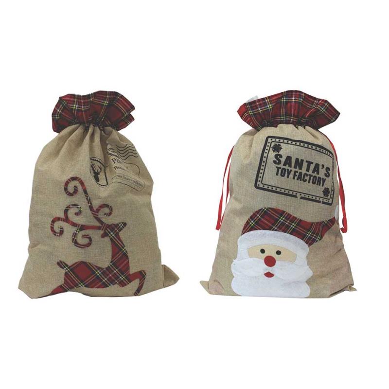 Christmas Tartan Hessian Santa & Rudolph Sack