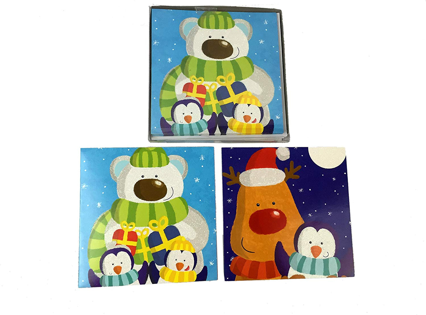 12 Square Christmas Cards Polar Bear, Penguin and Reindeer Design