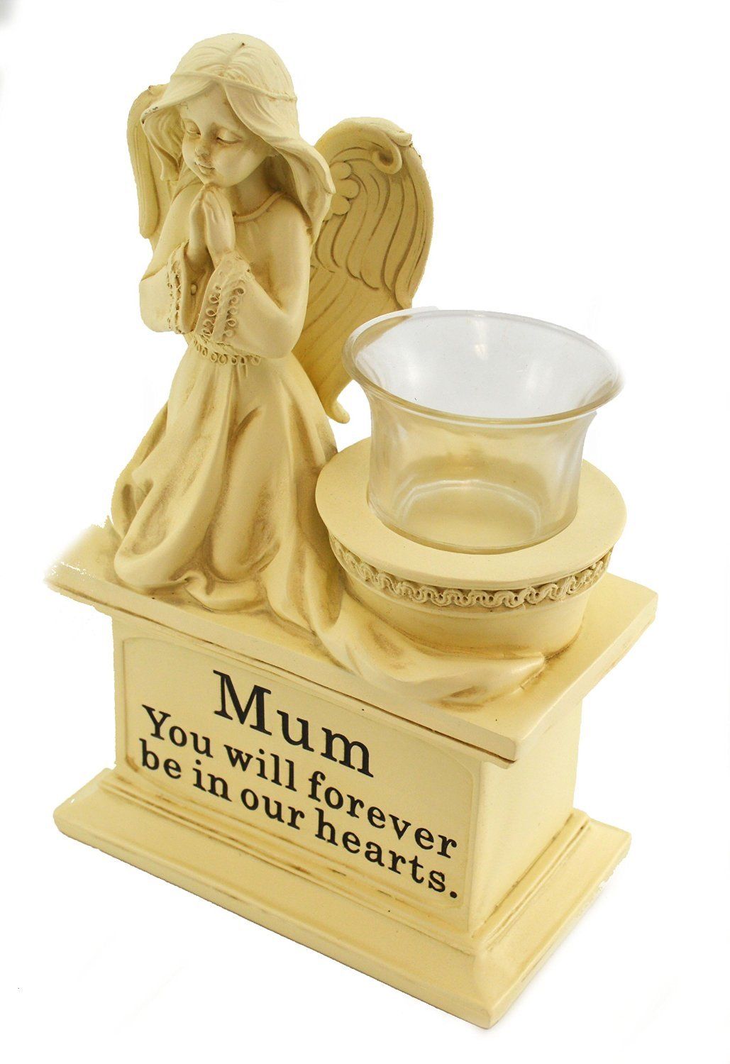 Large Angel Cherub Praying Kneeling Resin Figurine with Glass T Lite Holder- White Heavy Stone Finish "Mum"