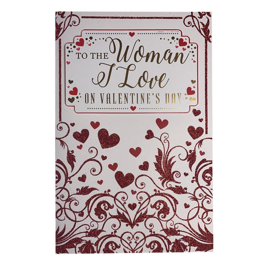 To The Woman I Love Red Glitter Heart Design Valentine's Day Card