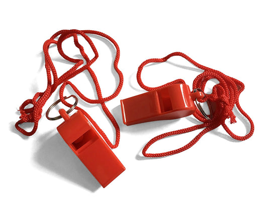 Pack of 15 Red Plastic Whistles with Lanyard Neck Cord