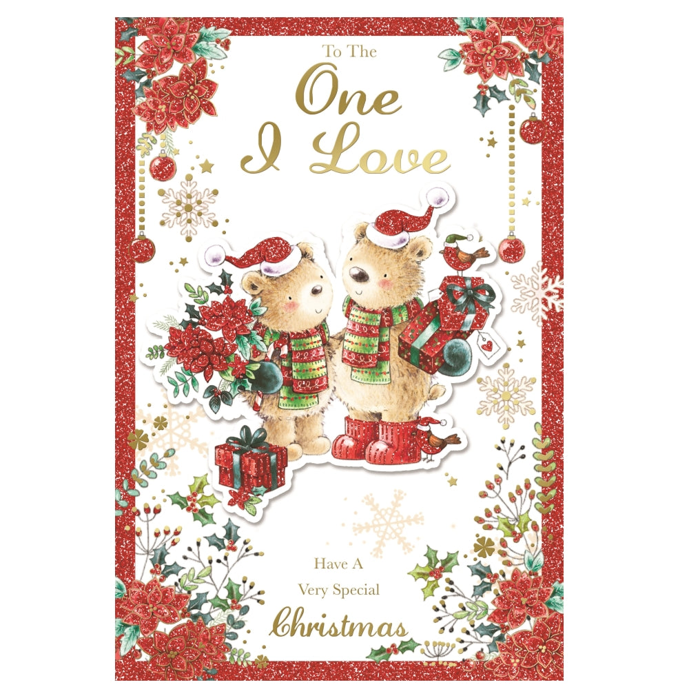 To The One I Love Cute Teddies With Flowers and Gifts Design Christmas Card