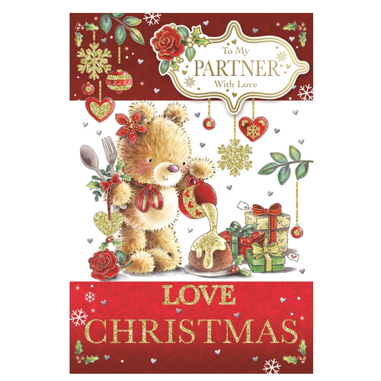 To My Partner Teddy Pouring Frosting On Cake Design Christmas Card