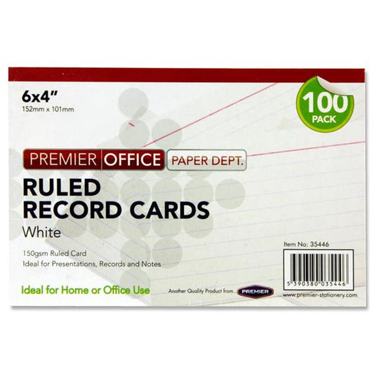 Pack of 100 6"x4" Ruled White Record Cards by Premier Office