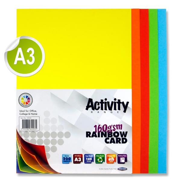 Pack of 200 A3 160gsm Rainbow Coloured Card Sheets by Premier Activity