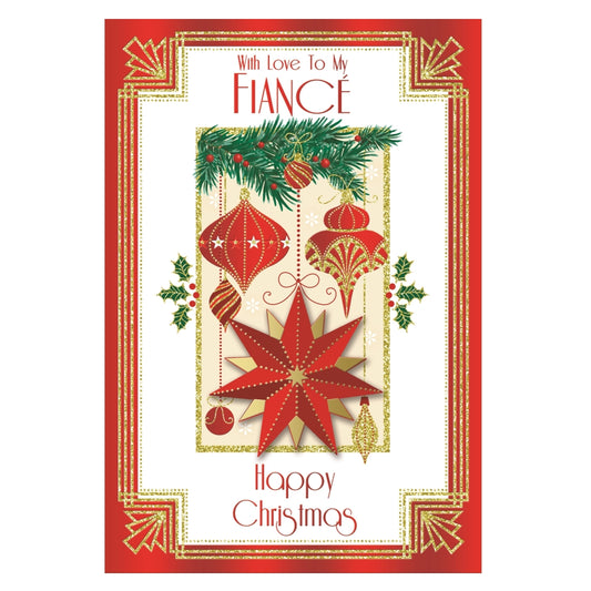 With Love to My Fiance Baubles and Star Design Christmas Card