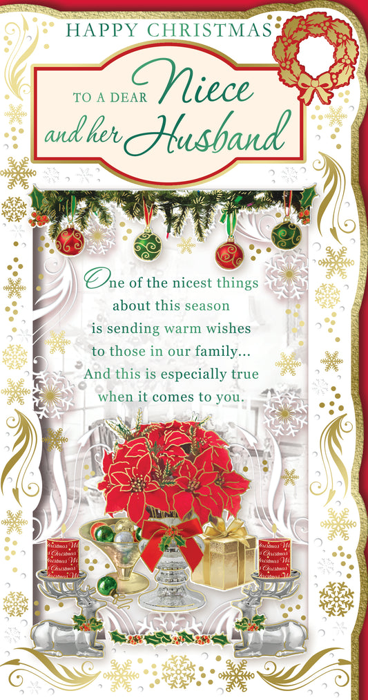 To a Dear Niece and Her Husband Flowers With Presents Design Christmas Card