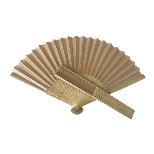 Beige Fabric Foldable Hand Held Bamboo Wooden Fan