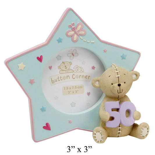 Button Corner Star Shaped Resin Photo Frame 3" X 3" - "50" Birthday Keepsake