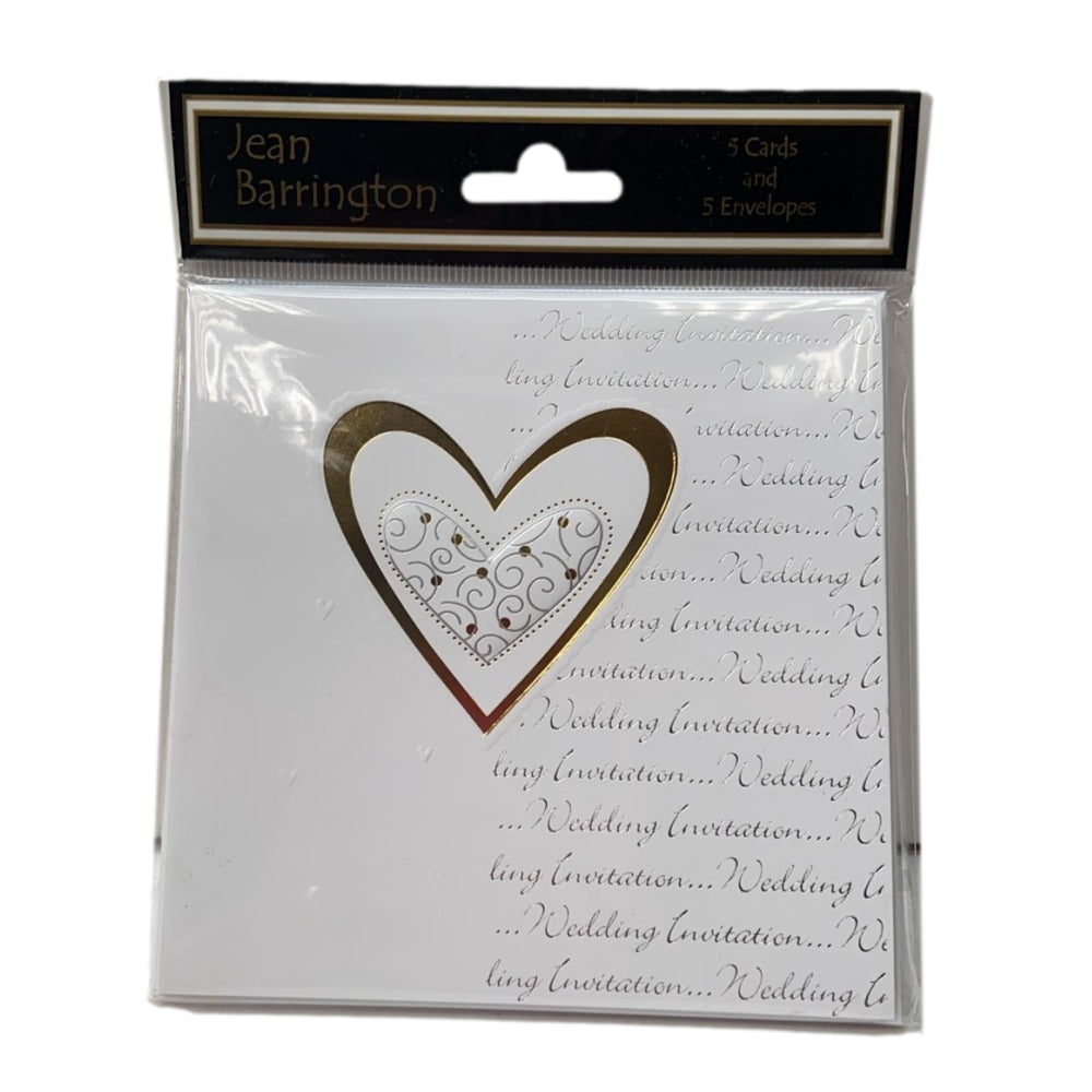 Pack of 5 Luxury White Wedding Invitations with Gold Heart