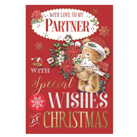 With Love To My Partner Bear Carring Flower Bouquet Design Christmas Card