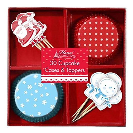 30 Christmas Cupcake Cases & Toppers - Snowman And Santa Claus Design