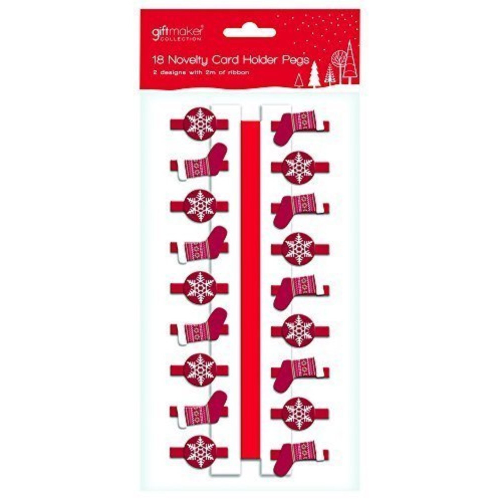 18 x Red Snowflake & Stocking Christmas Card Holder Pegs & 2 Metres of Ribbon