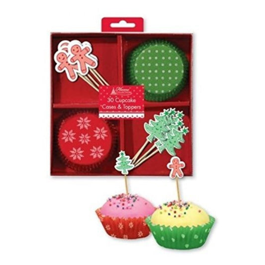 Pack Of 30 Festive Christmas Cupcake Cases & Decorative Toppers