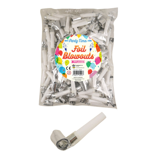 Pack of 144 Blowout Foil 3cm Silver with White Mouthpiece